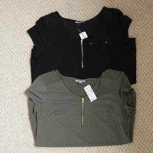 Black and Green Women's Tops with Zipper Detail